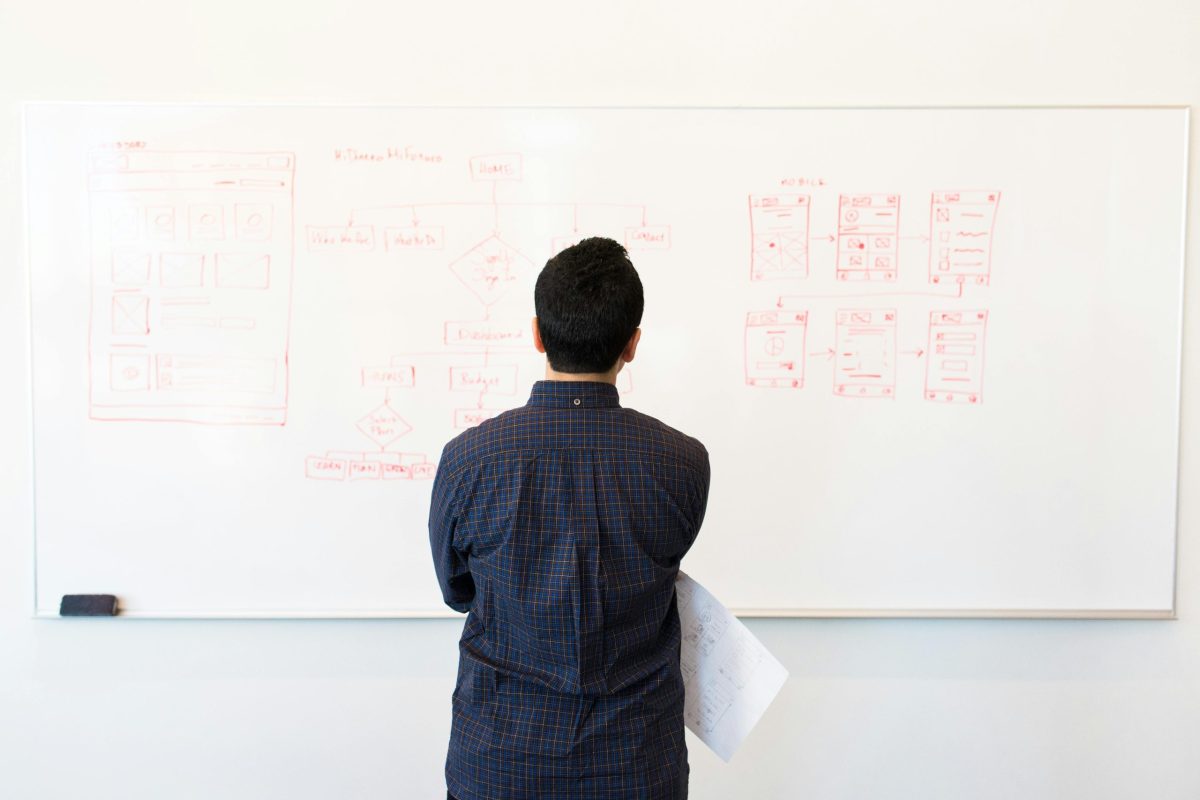 pexels-photo-1181345-1181345 Man analyzing design flowchart on whiteboard in a professional office setting.